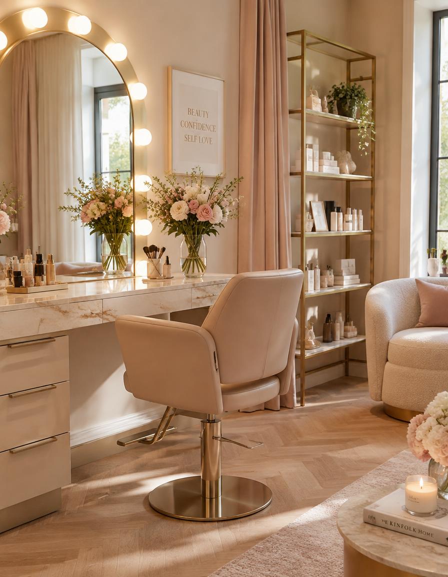 Inside the Élan studio — a cream-toned vanity with fresh flowers and warm light