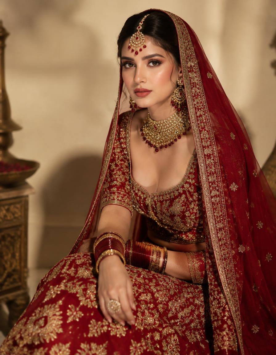 Bride in a red and gold lehenga with intricately styled HD bridal makeup