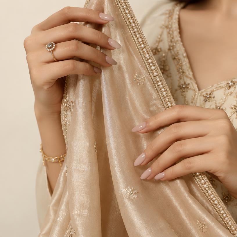 Elegant manicured hands holding champagne silk fabric